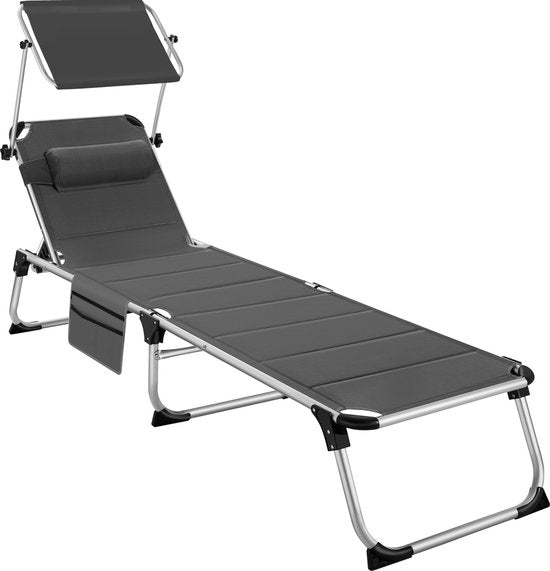 tectake® - chaise longue rembourrée, pliable - gris - 220 x 60,5 x 34 cm, avec poche latérale