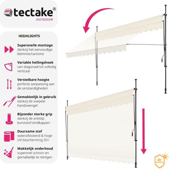 tectake - store à pinces - parasol - store - réglable - store à pinces - parasol balcon - 350 x 180 cm - beige - store - 404966