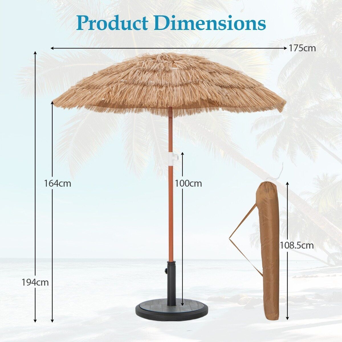 Ensemble de parasol Coast Hawaii - Parasol de plage inclinable - Aspect osier - Sac de transport inclus - 175 cm - Beige
