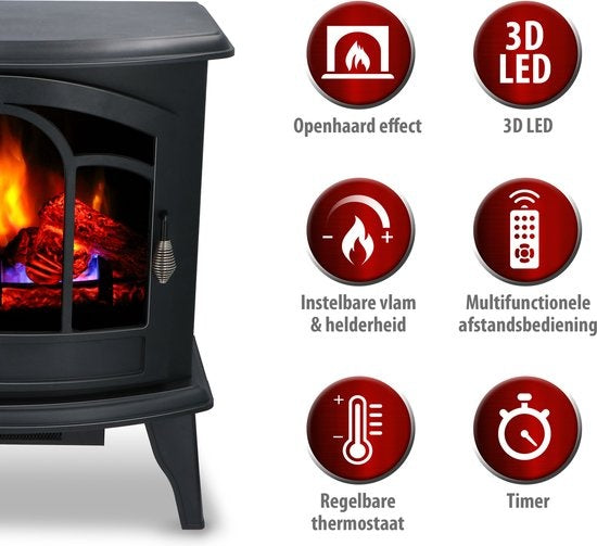 Alpina Electric Vicenza - Cheminée d'ambiance - Télécommande et minuterie - Flammes LED - 2000W - Noir - Avec chauffage