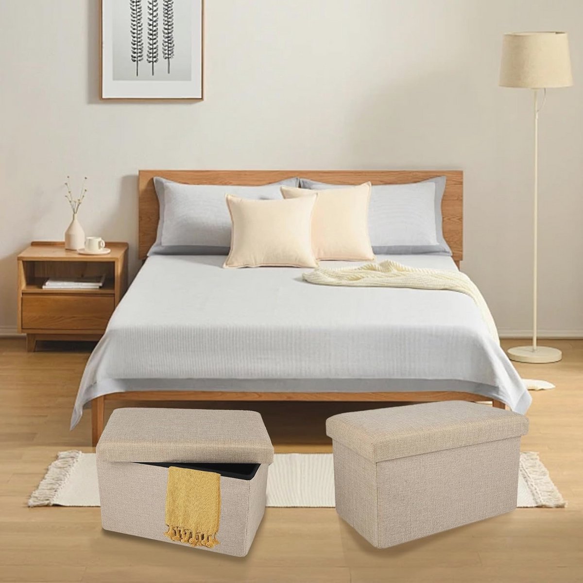 Ceruzo pouf pliant biplace avec rangement - beige - 76 × 38 × 38 cm - polyester/mdf
