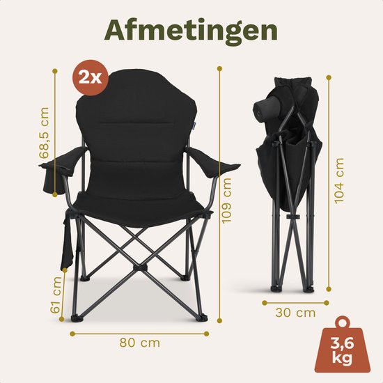 TRVLMORE Chaises de camping XXL - pliables - 2-Pack - Capacité de charge 160KG - Sac de transport inclus - Chaise pliante - Chaise de pêche - Chaise de camping - Chaise pliante - Noir