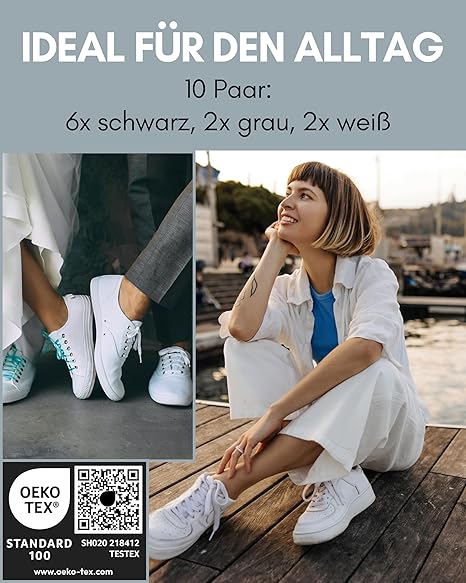 HELDENWERK Chaussettes courtes 35-38 – 10 paires de chaussettes de sport invisibles – Respirantes et confortables – Lot assorti : 2 x gris, 2 x blanc, 6 x noir – Unisexe