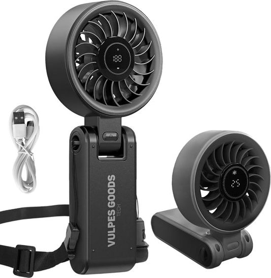 Vulpes Goods® Tech - Hand Fan PRO 3in1 - Rechargeable et portable - Mini ventilateur USB sans fil - Ventilateur de cou - Moteur puissant - 4000 mAh - 5 vitesses - Design pliable - Jusqu'à 14 heures de refroidissement - Cordon de transport inclus