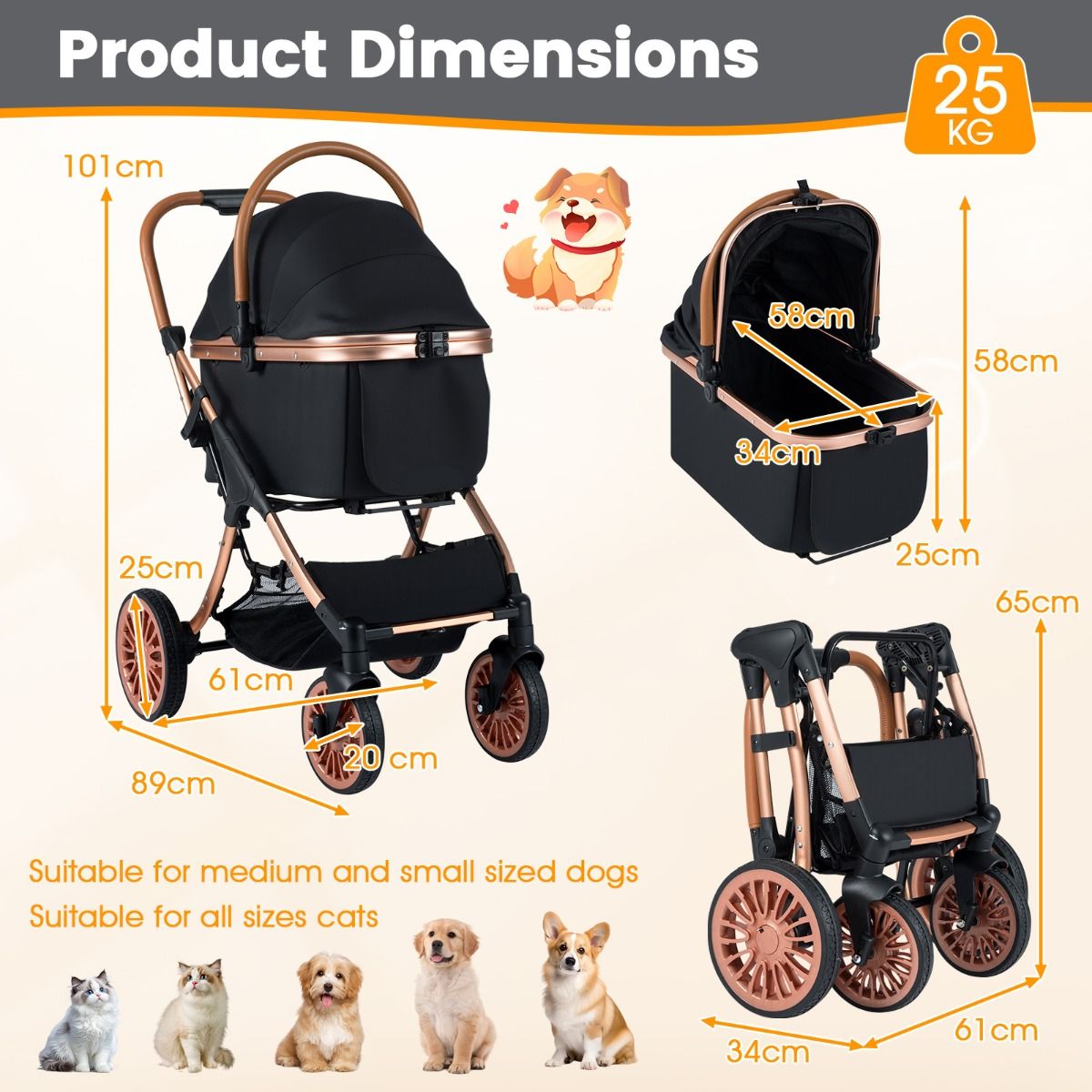 Poussette pour animaux de compagnie Coast 3-en-1 - Pliable - Panier amovible - Noir 89 x 61 x 101 cm