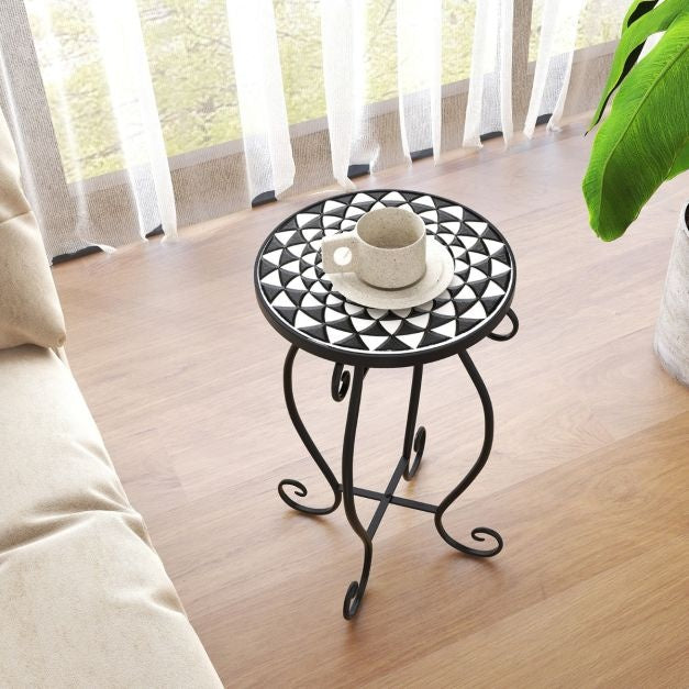 Coast Mozïek side table - Table de terrasse ronde d'intérieur et d'extérieur - 30 x 30 x 50 cm - Noir/Blanc