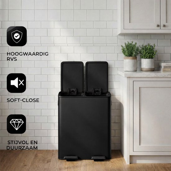 Bayt Poubelle - Poubelle 60 litres (2x30) - Poubelle 60 litres - Poubelle à pédale 60 litres - Poubelle Séparation des déchets - Poubelle 2 compartiments - Poubelle - inox - Noir