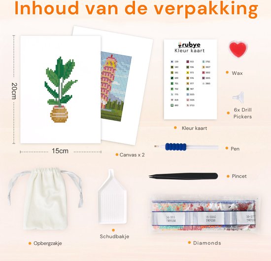 Rubye® Mini peintures de diamants - 2 pièces - Set - Adultes - Peinture de diamants pour enfants - Tour de Pise et plante d'intérieur - 15x20cm