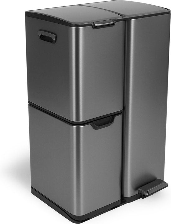 Umuzi Poubelle de nettoyage - 60L - Fermeture douce - Gris métallique - Séparation des déchets 3 bacs - 47 x 39 x 72