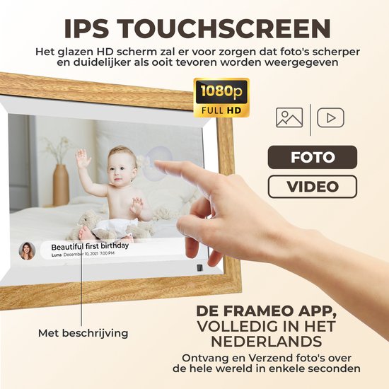 BestHome® Premium 10.1-inch Digital Photo Frame with Wi-Fi, XL IPS Screen, Wooden Frame and Frameo Compatibility - Cadre photo Full HD Wi-Fi avec écran IPS - écran tactile - utilisable verticalement et horizontalement - Frameo App