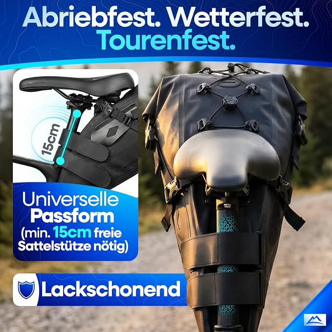 Sacoche de selle Nextcover Bikepacking 12 L - AquaShield TPU - Imperméable - Noir