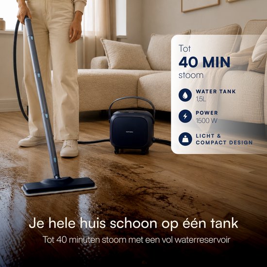 Nettoyeur vapeur Samako Halo 1500 W - Nettoyeur de sol avec réglage de la puissance de vapeur - 15 accessoires - 40 min d'autonomie - Nettoyeur de joints pour salle de bains et cuisine - Bleu