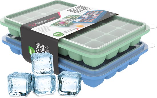 KitchenLove Moule à glaçons en silicone avec couvercle (2 pièces) - 56 glaçons - Carré - Sans BPA - 100% Silicone - Vert & Bleu