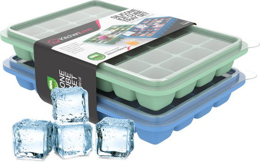 KitchenLove Moule à glaçons en silicone avec couvercle (2 pièces) - 56 glaçons - Carré - Sans BPA - 100% Silicone - Vert & Bleu