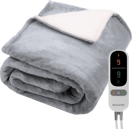 Couverture électrique Auronic - Couverture chauffante - Polaire Sherpa - 9 niveaux de chaleur et minuterie - Couverture - 200x180 - 2 personnes - Gris