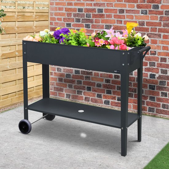 Jardinière surélevée AXI à roulettes – Jardinière en métal – Avec étagère de rangement et roulettes – Orifice de drainage – Pour l'extérieur – Anthracite