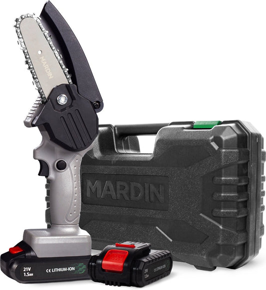 Mini tronçonneuse Mardin - Scie d'élagage - 2 Batteries - Mallette incluse - Gris