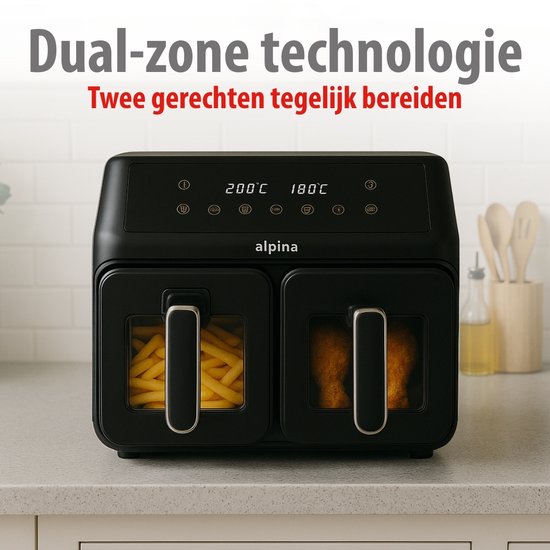 Alpina Friteuse à air chaud double XXL - Friteuse à air chaud 2 x 4 L - Friteuse à air chaud avec écran tactile numérique - Four à air chaud pour 6 personnes et plus - 8 programmes de cuisson - Mode Sync - Fonction minuterie