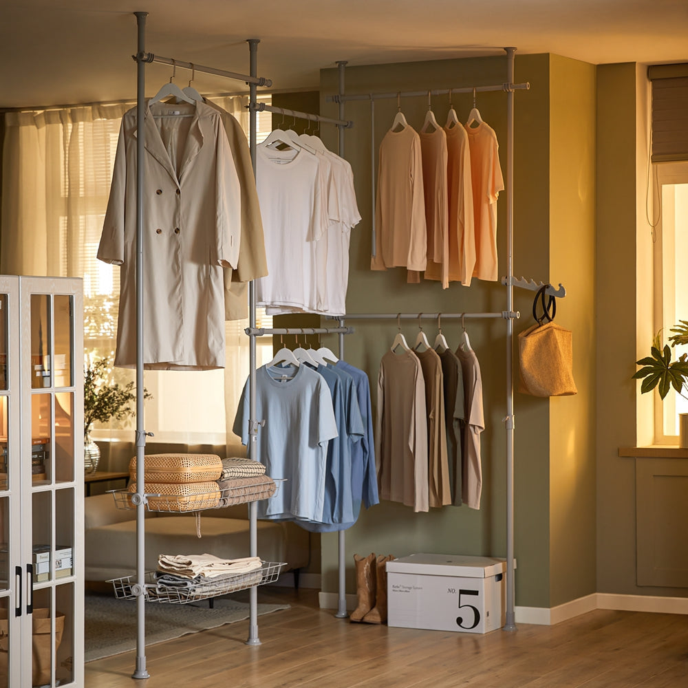 SoBuy Portemanteau - 5 tringles à linge et 2 paniers - réglable - 209-305 x 200-270 cm