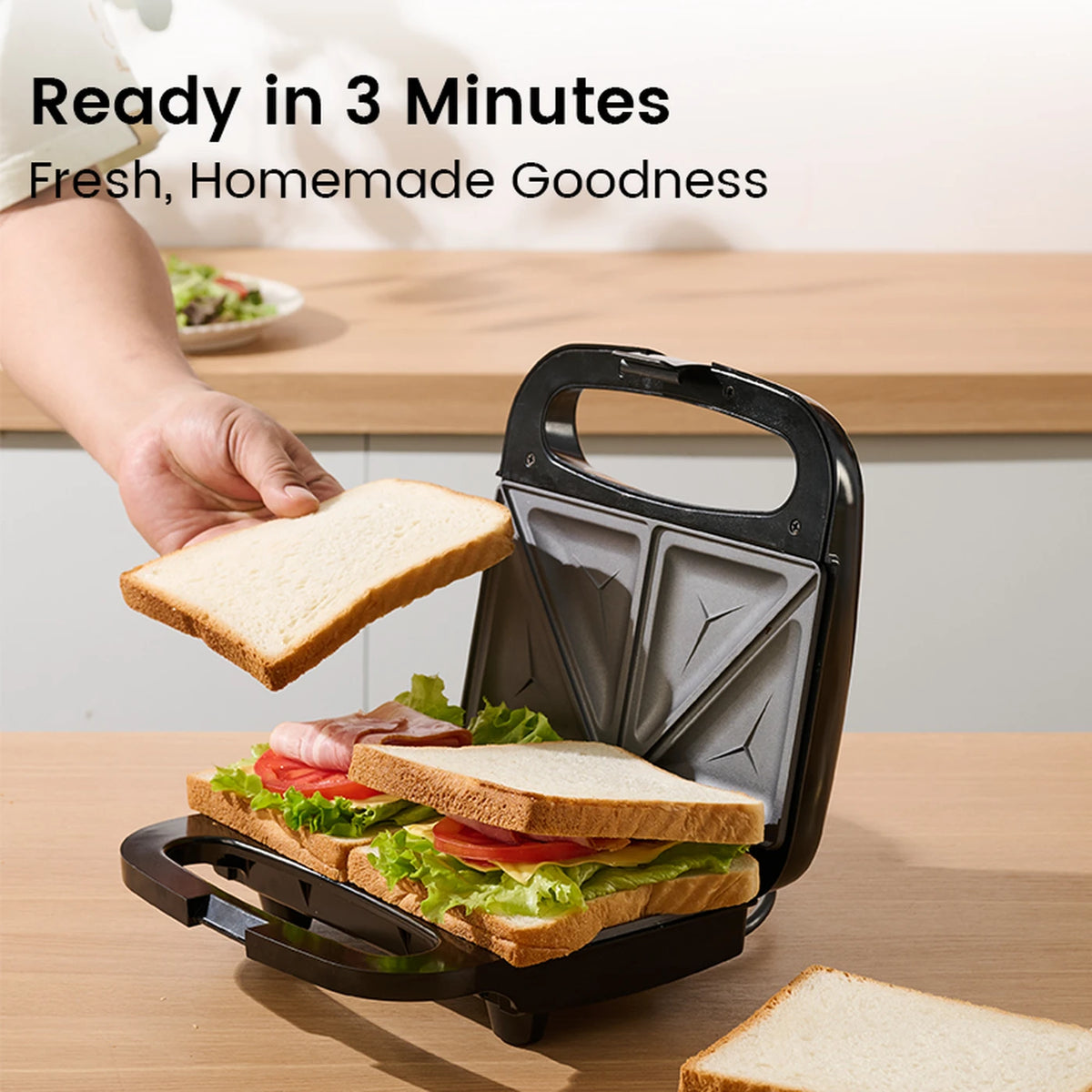 Appareil à sandwichs Ochama 750 W - Double plaque de cuisson - Sandwichs croustillants - Revêtement antiadhésif - Noir