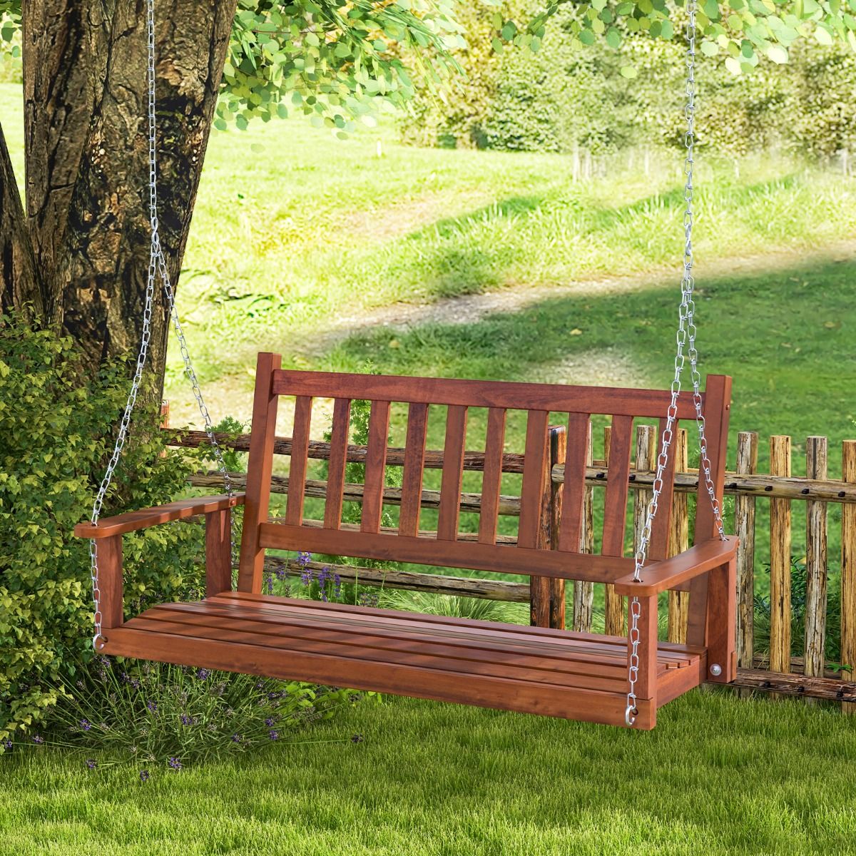 Balançoire / banc suspendu Coast 2 places en bois pour l'extérieur - 136 x 67 x 63 cm, marron, capacité 230 kg