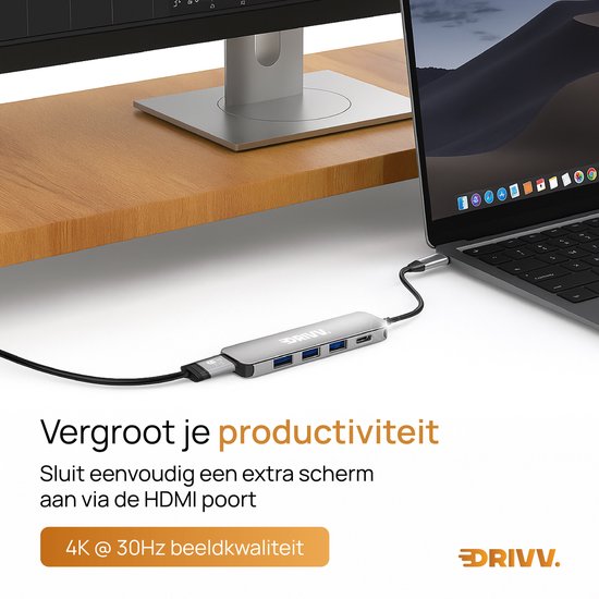 Hub USB-C haut de gamme 5 en 1 - HDMI 4K 30 Hz - PD 100 W - USB 3.0 - USB 2.0 - Répartiteur USB - Adaptateur - Gris sidéral
