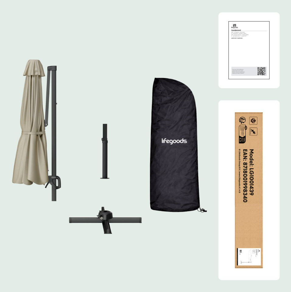 LifeGoods Parasol flottant Ø300 cm - Rotation 360° - 6 pieds - Housse incluse - Taupe