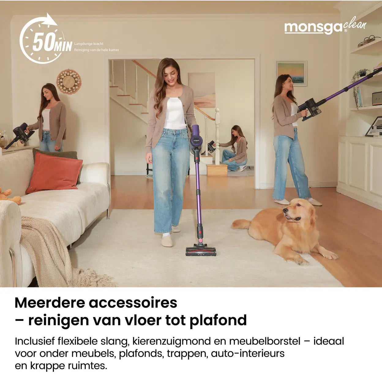 Aspirateur balai sans fil Monsga M100 55 000 Pa - Autonomie de 45 min - Réservoir à poussière de 1,8 L - Écran tactile à LED - Brosse anti-enchevêtrement - Voyant LED vert