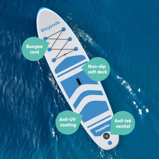 Planche de SUP LifeGoods PaddlePro 320 x 81 x 15 cm - Gonflable - Kit complet - 150 kg - Blanc/Bleu ciel