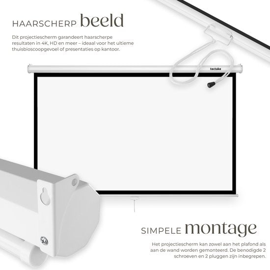 Écran de projection tectake® - 84 pouces (214 cm) - Écran de projection 16:9 - Fixation murale ou au plafond - 4K HD - Enroulable - Déployable - Toile de projection - Écran de présentation - Home cinéma - Matériel de fixation inclus