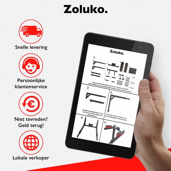 Zoluko Professional Dip & Pull Up Bar Wall Mount - Capacité de charge de 200kg - Dip Station - Including E-book - Easy Mounting - 2 in 1 Pull Up Station and Dip Station for Home Sports - Pull Up Bar Fitness - Dip Bars - Chin Up Bar - Black/Red