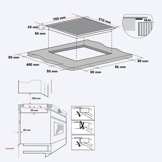 Plaque de cuisson à induction - KitchenBrothers - Encastrable 70 cm - 4 zones - 2x Flexzone - 1 et 2 phases - Jusqu’à 2800W - Noir