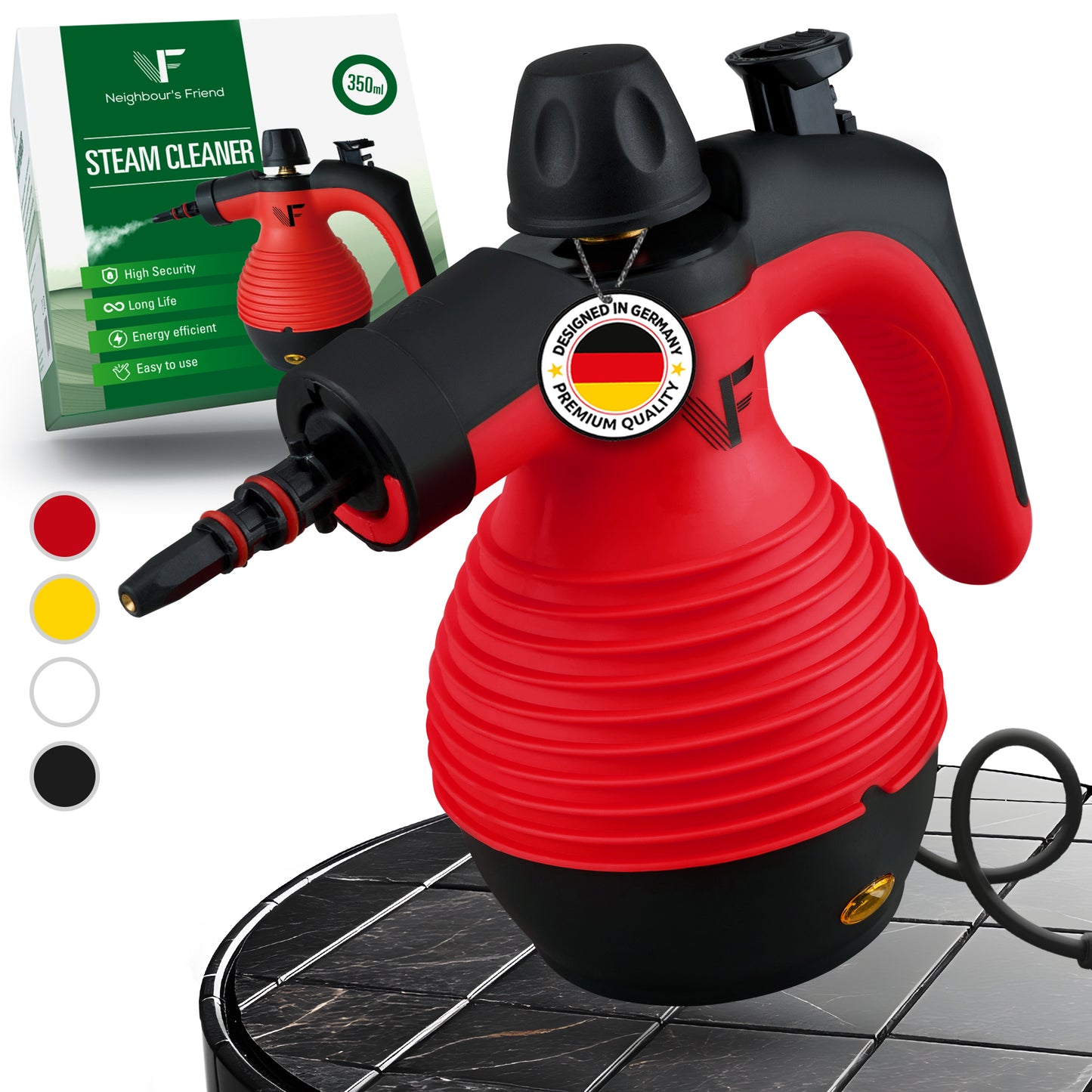 Nettoyeur à vapeur manuel Neighbour's Friend - Régulation de la vapeur - Accessoires inclus - Réservoir de 350ml - Rouge