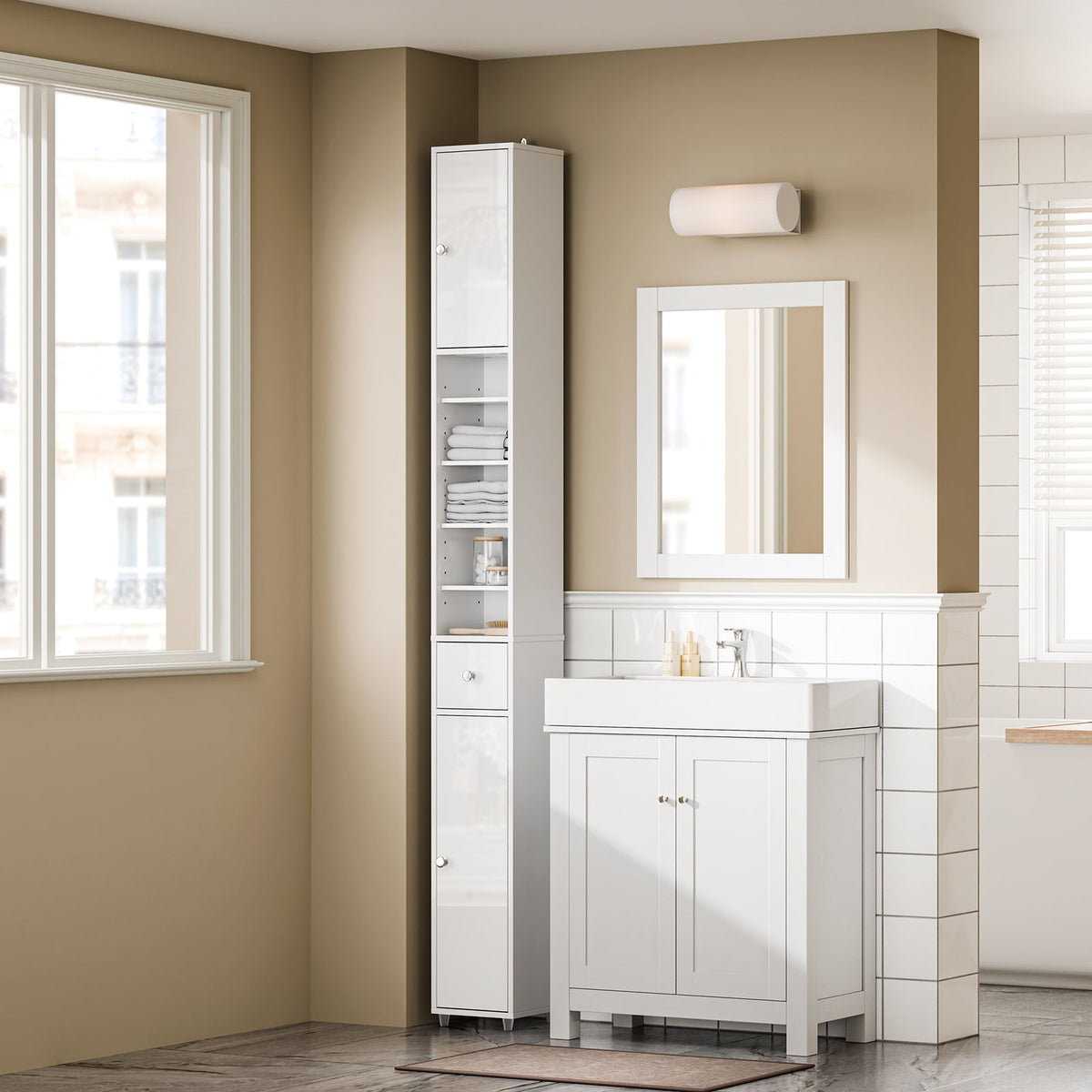 SoBuy Meuble de salle de bain haut avec tiroir et portes - Blanc brillant - 20x20x180 cm