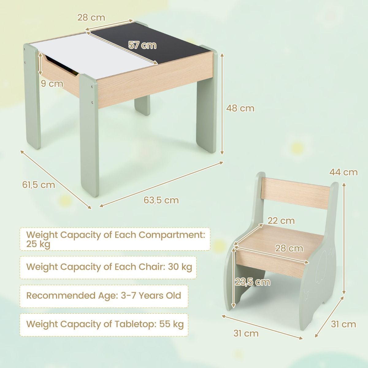 Ensemble de salon pour enfants Coast 3 pièces - Table pour enfants 4 en 1 avec 2 chaises et espace de rangement - vert