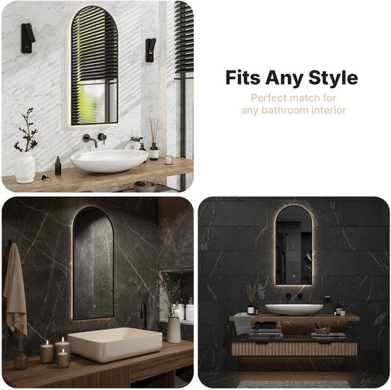 Miroir de salle de bains Mirlux avec éclairage LED et chauffage – Miroir mural Arch – Miroir de douche anti-buée – 45 x 100 cm