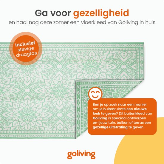 Goliving Tapis d'extérieur Summer Flora - 183x290CM - Tapis de jardin - Tapis d'extérieur - Tapis - Tapis de jardin - Réversible - Sac de transport inclus - Vert/Blanc