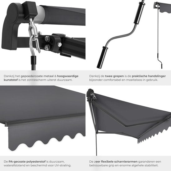tectake® Sunshade with Articulated Arm - 250 x 200 cm - Store - Protection solaire pour fenêtre, balcon, extérieur - Fixation murale - Résistant à l'eau et aux UV - Gris foncé