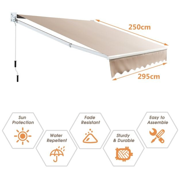 Coast - Parasol extensible manuel - sans perçage et réglable de 40° à 100° - 295 x 250 cm - aluminium/tissu - beige