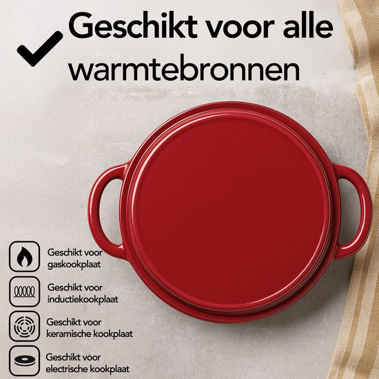 Casserole en fonte Aviro - Ø26CM - 5L - Toutes sources de chaleur y compris induction - Ragoût - Sans PFAS - Avec couvercle - Rouge