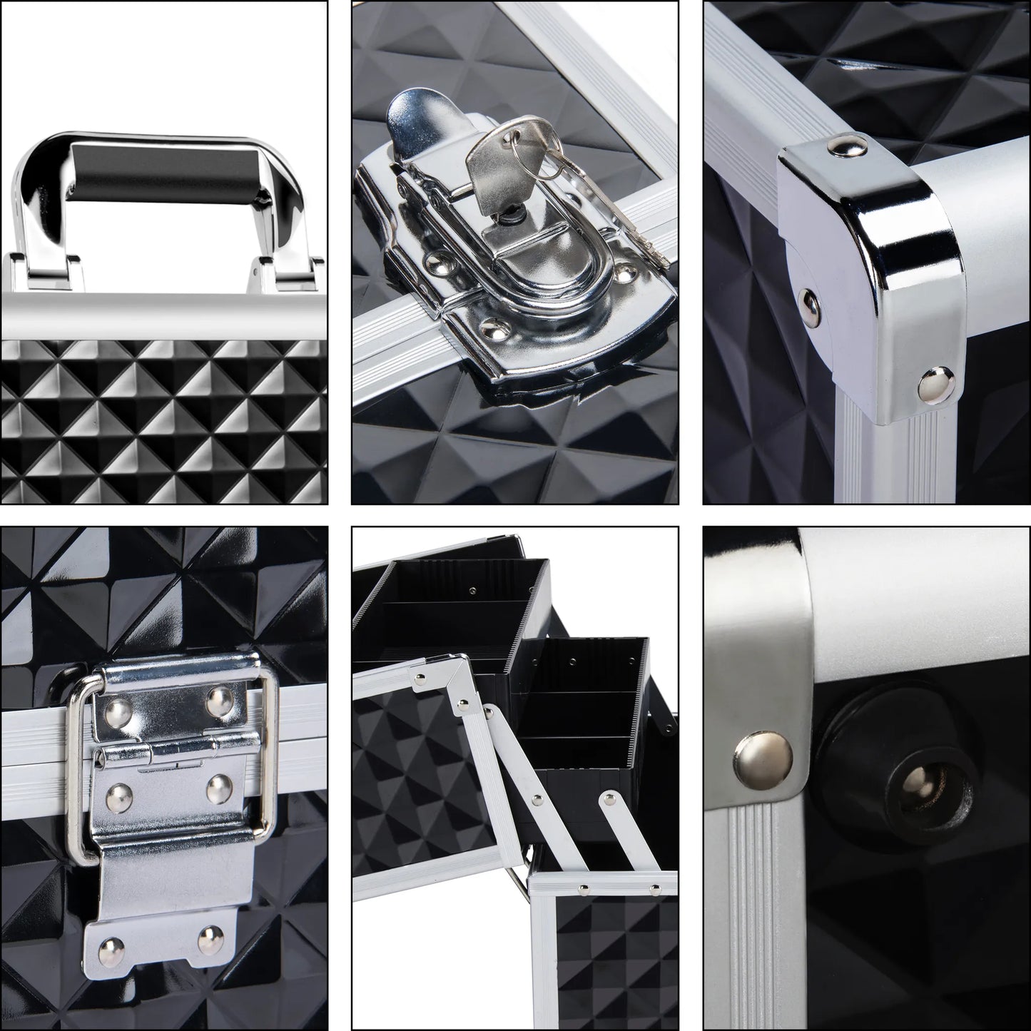 Yaheetech Make-up Case Beautycase - Avec 3 couches et des cloisons réglables et une serrure à clé - Pour les esthéticiennes et les coiffeurs - Aluminium noir - 34,7 x 22,2 x 25 cm