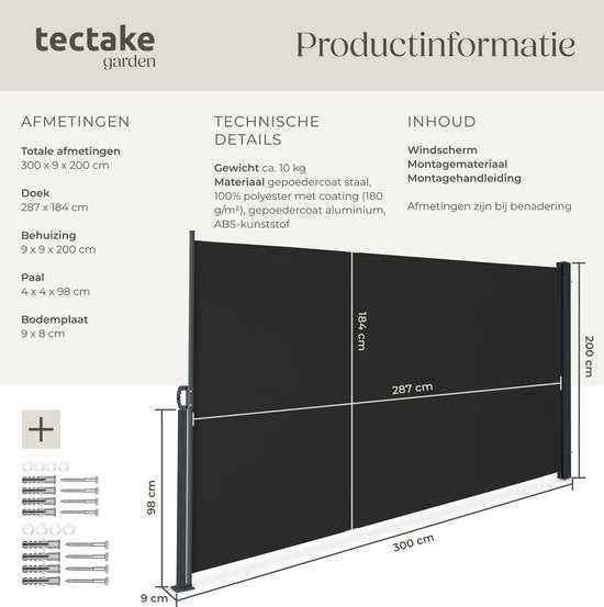 tectake® Pare-vent télescopique avec mécanisme d'enroulement - 300 x 200 cm - Auvent latéral avec armature en aluminium - Pare-soleil - Pare-vue de jardin - Pare-vue noir pour balcon - Pare-vue opaque - Toile de store