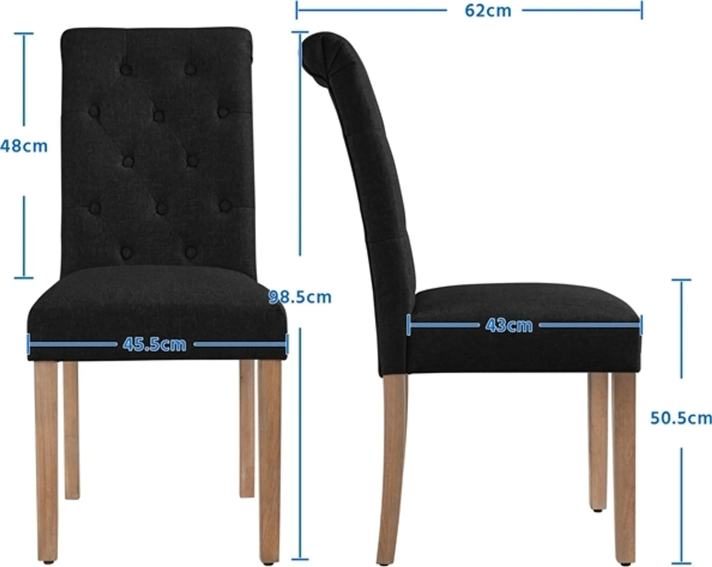 Yaheetech Chaise de salle à manger à dossier haut 2 pièces - avec dossier rembourré et pieds en chêne massif et pieds protecteurs réglables - pour cuisine et restaurant - polyester noir et chêne - 45,5 x 62 x 98,5 cm