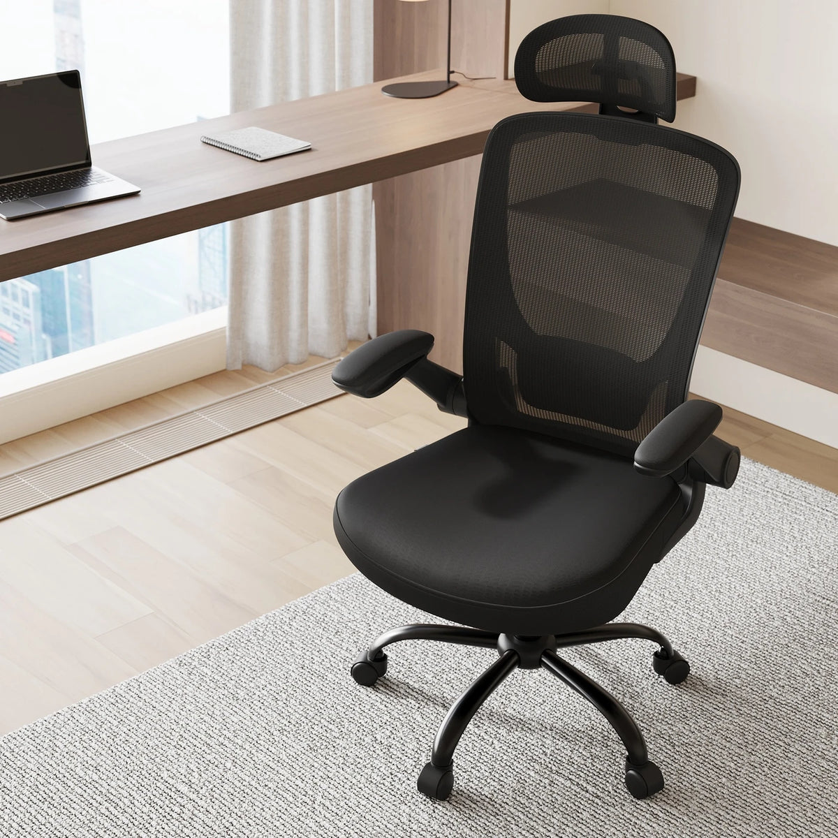 Chaise de bureau ergonomique Joyfurnos en maille - Soutien lombaire et appui-tête réglables - Fonction d'inclinaison - 64 x 64 x 115-130 cm - Noir d'encre
