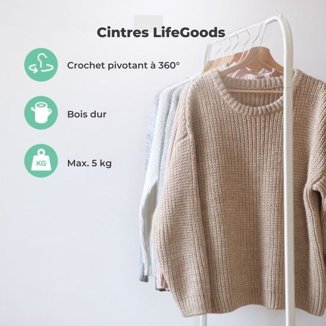 20 cintres en bois LifeGoods - Avec rail pour pantalon - 20 pièces - Bois