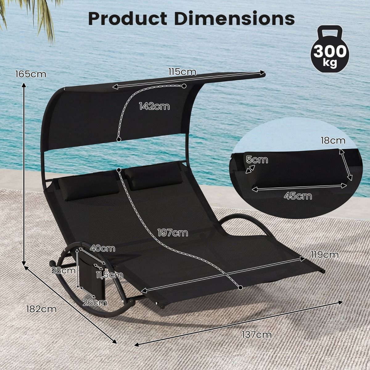 Chaise longue balancelle double Coast - avec auvent - coussins inclus - noir