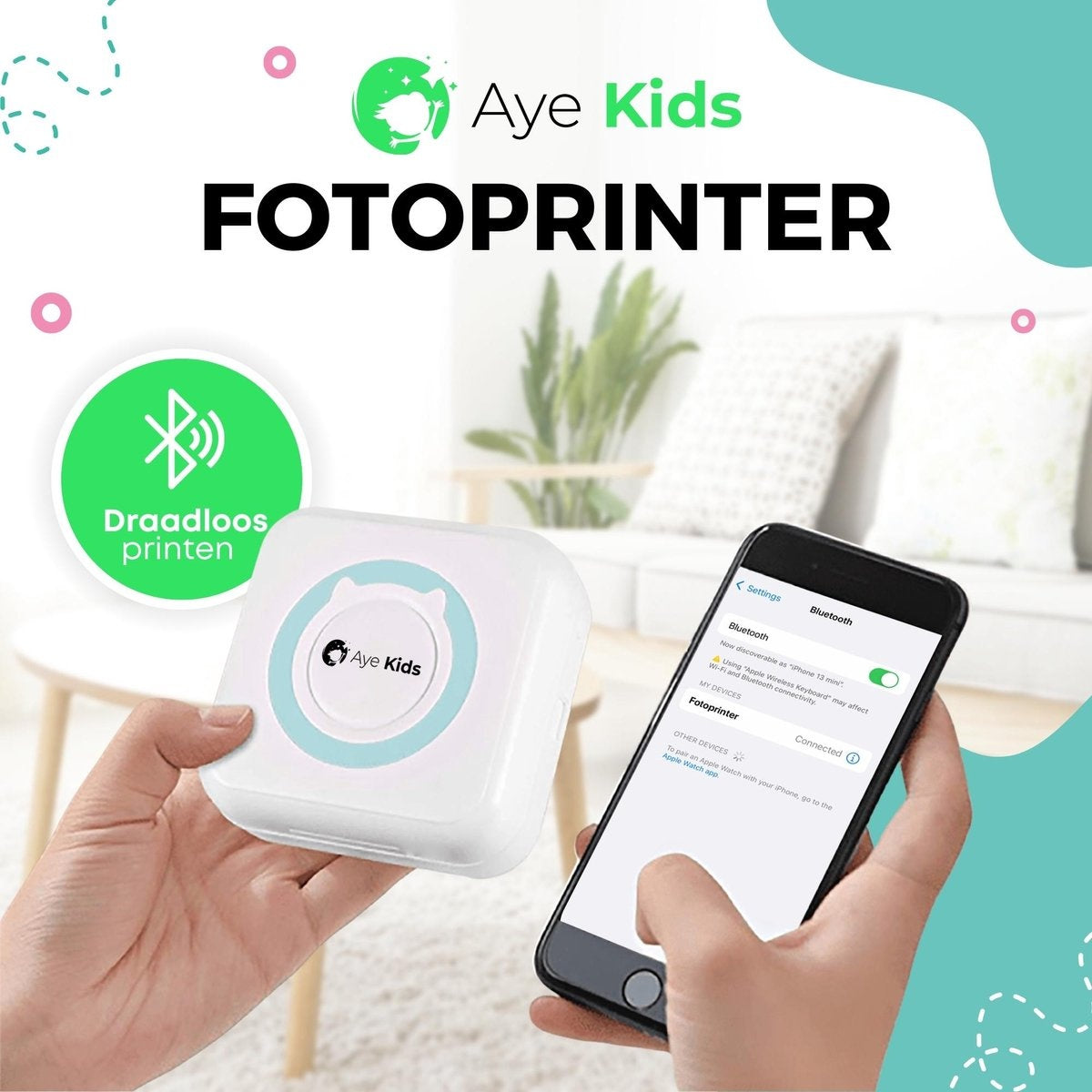 AyeKids Imprimante photo - Bluetooth - Sans fil - 1 rouleau de papier photo inclus - Mini imprimante - Imprimante de poche - Bleu