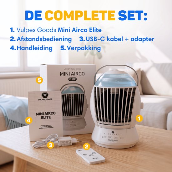 Vulpes Goods® Tech - Mini climatiseur ELITE - Refroidisseur d'air mobile avec télécommande - Refroidisseur d'air 6 en 1 - 3 modes d'humidification avec fonction oscillante - 3 vitesses de ventilation - 100 % anti-fuites - Câble et adaptateur fournis - Pou