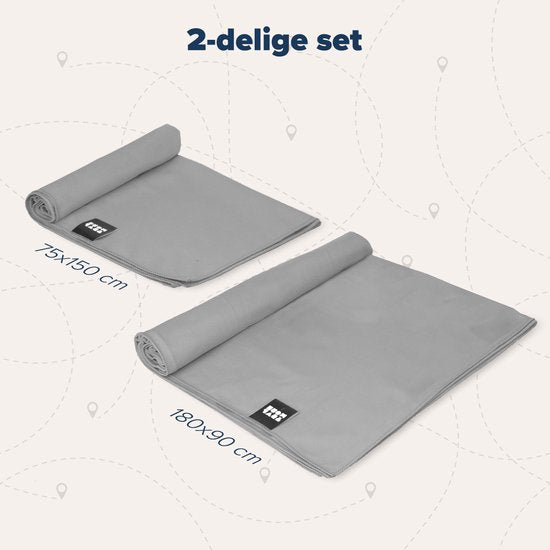 TRVLMORE Set de serviettes de voyage en microfibre - 2 pièces - Grand (75 x 150 cm) et Extra grand (90 x 180 cm) - Microfibre - Gris