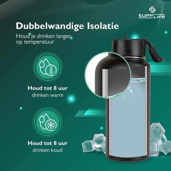Supplife Luxe : bouteille isotherme / gourde en acier inoxydable - 1 litre - Sans BPA et étanche - Bouteille d'eau avec paille - Isolation à double paroi - Tasse isotherme - Bouchon verseur et bouchon avec paille - Brosse de nettoyage incluse - Noir